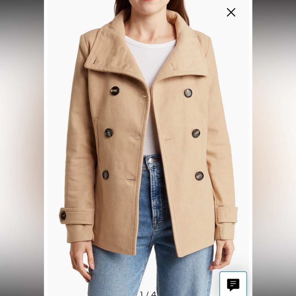 Classic Tan Pea Coat with Wide Lapel Collar